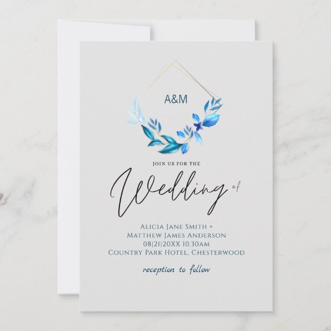 Shimmering Blue Leaves Gold Grey Wedding (Front)