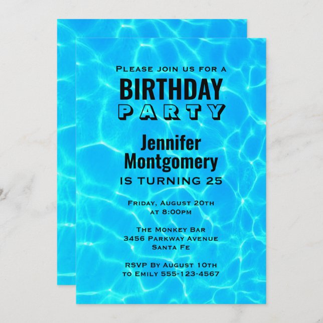Shimmering Blue Pool Water Reflections Birthday Invitation (Front/Back)