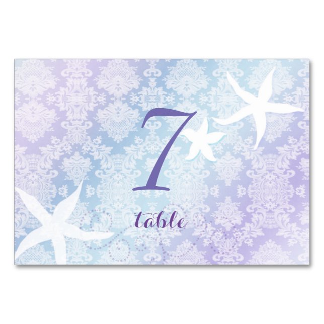 Shimmering Blue Purple Starfish Wedding Table Number (Front)
