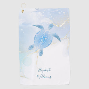 Shimmering Blue Turtle Gold Blue Ink Golf Towel