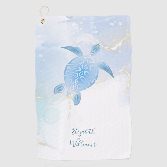 Shimmering Blue Turtle Gold Blue Ink Golf Towel (Front)