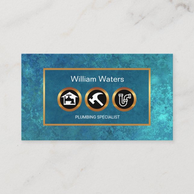 Shimmering Blue Water Leak Gold Plumber Icons Business Card (Front)