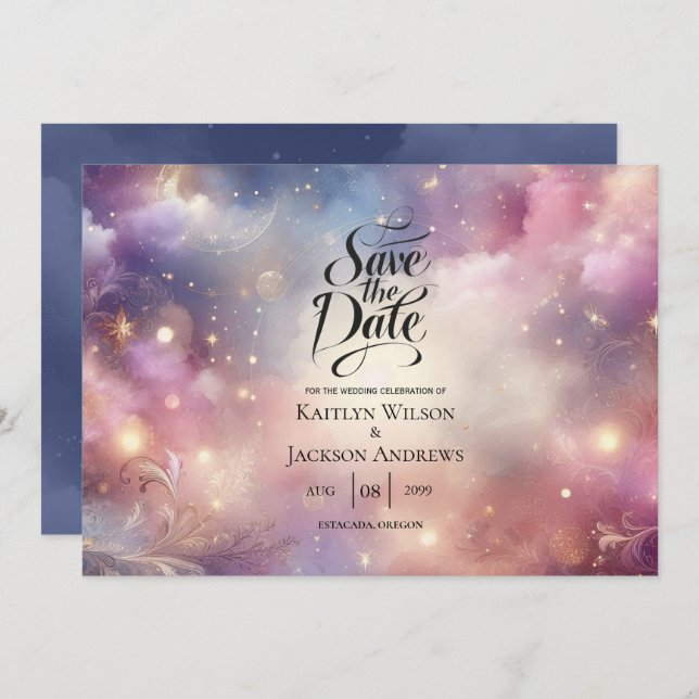 Shimmering Celestial Stardust Skies Wedding Save The Date (Front/Back)