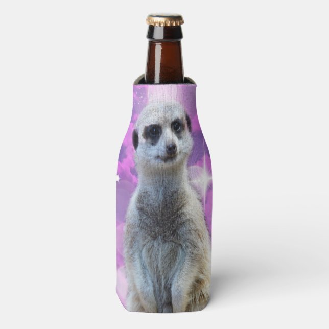 Shimmering Charm: Meerkat on Pink Bokeh Background Bottle Cooler (Bottle Front)