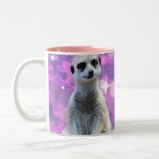 Shimmering Charm: Meerkat on Pink Bokeh Background Two-Tone Coffee Mug (Left)