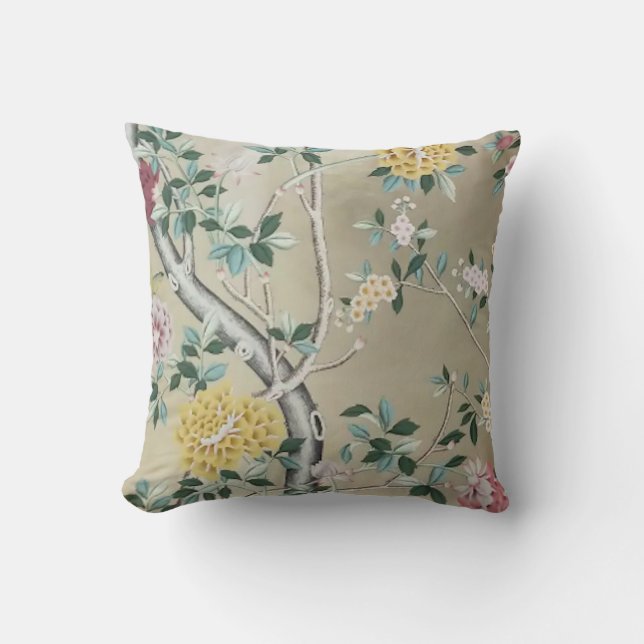Shimmering Chinoiserie Floral on Gold Champagne  Cushion (Front)