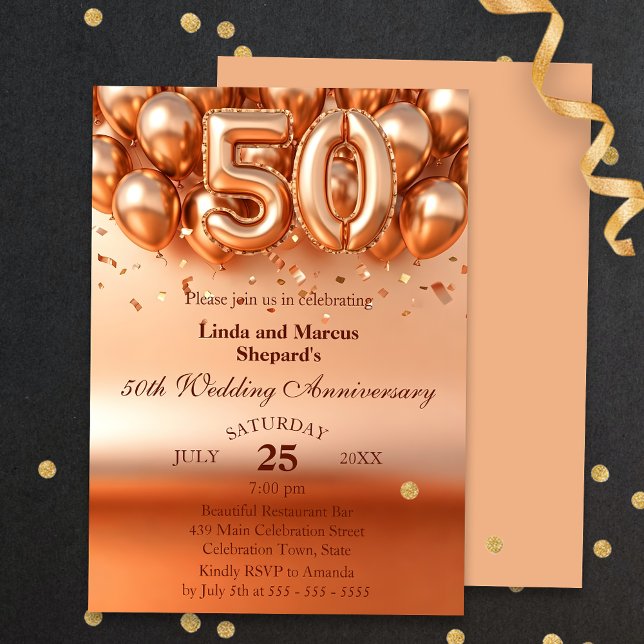 Shimmering Gold Balloons 50th Wedding Anniversary Invitation (Creator Uploaded)