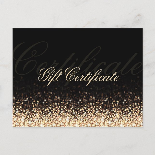 Shimmering Gold Glitter Black Gift Certificate Postcard (Front)