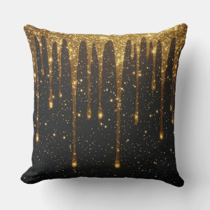 Shimmering Gold Glitter Drips Over Dark Background Cushion