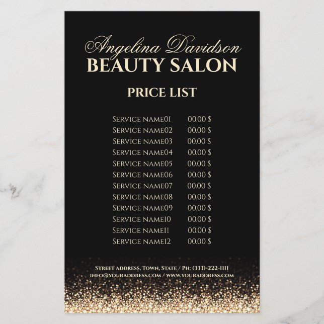Shimmering Gold Star Design Black Price List Flyer (Front)