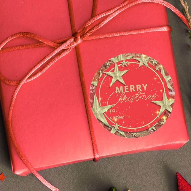 Shimmering Gold Stars on Red Glitter Christmas Classic Round Sticker (Creator Uploaded)