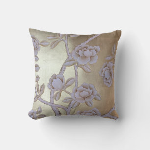 Shimmering Golden Chinoiserie with Blooming Roses Cushion