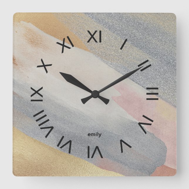 Shimmering look brushstrokes Roman Numerals Square Wall Clock (Front)