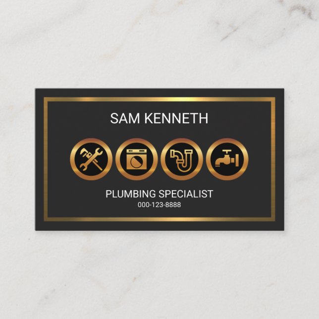 Shimmering Luminous Gold Borders Plumber Business Card (Front)