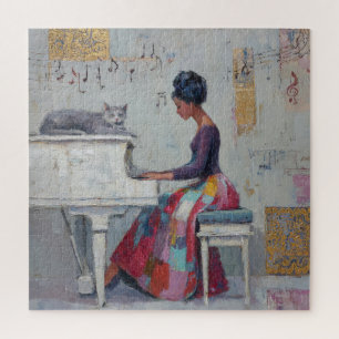 Shimmering Piano Lady Purple Gray Cat Jigsaw Puzzle
