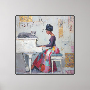 Shimmering Piano Lady Purple Grey Cat Canvas Print