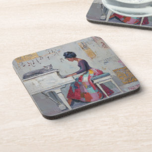 Shimmering Piano Lady Purple Grey Cat Coaster
