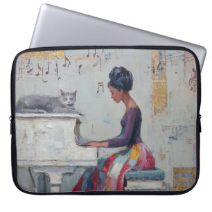Shimmering Piano Lady Purple Grey Cat Laptop Sleeve