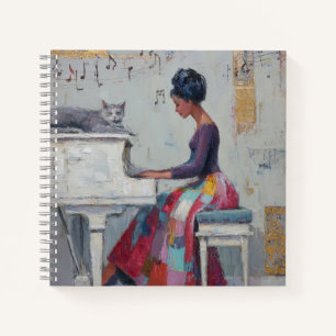 Shimmering Piano Lady Purple Grey Cat Notebook