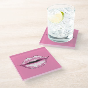 Shimmering Pink Lips Glass Coaster