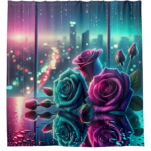 “Shimmering Raindrop Rose Cityscape Bokeh Art” Shower Curtain (Front)