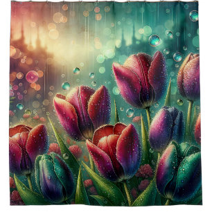 “Shimmering Raindrop Tulip Bokeh Art” Shower Curtain