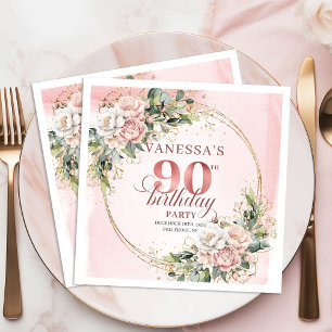 Shimmering Rose Gold Floral 90th Birthday Party Napkin