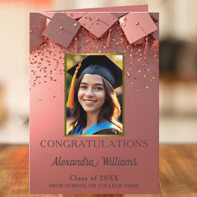 Shimmering Rose Gold Graduation Caps and Photo Card (Creator Uploaded)