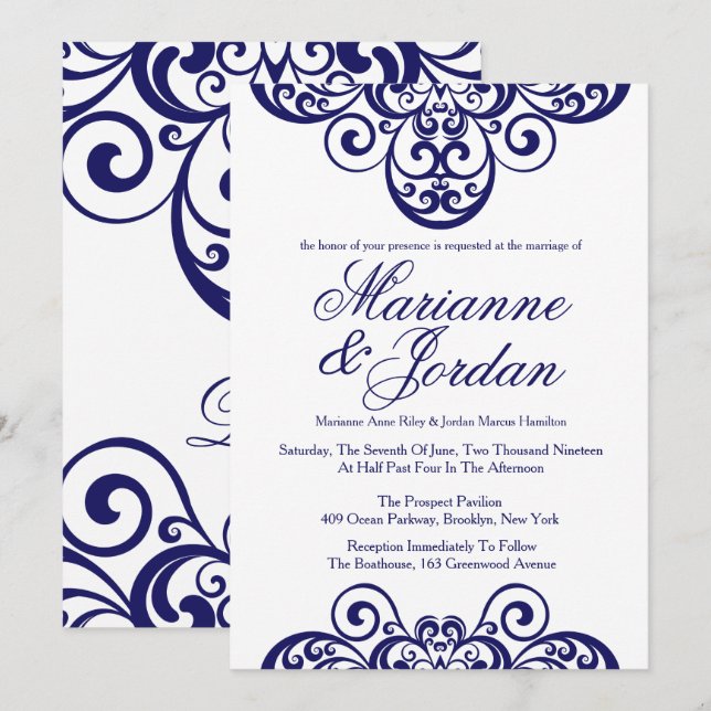 Shimmering Sapphire Ornate Wedding Invitations (Front/Back)