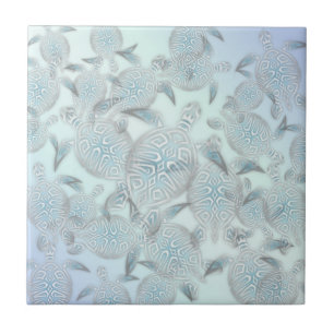 "Shimmering Sea Turtles"   Silver Modern Coastal Tile