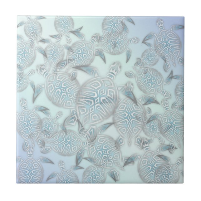 "Shimmering Sea Turtles" | Silver Modern Coastal Tile (Front)