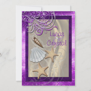 Shimmering Seashell Plum Beach Wedding Invitation