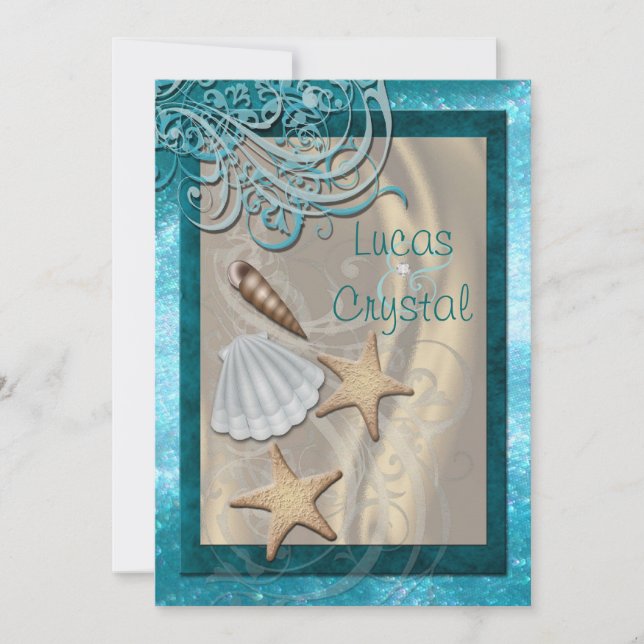 Shimmering Seashell Teal Beach Wedding Invitation (Front)