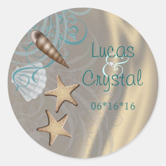 Shimmering Seashell Teal Save The Date Sticker (Front)