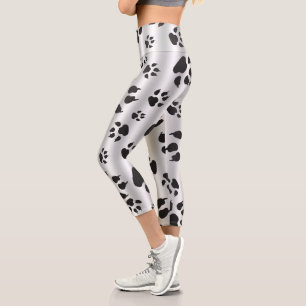 Shimmering Silver and Black Dog Paw Prints Capri Leggings