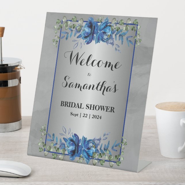 Shimmering Silver: Blue Floral Bridal Shower  Pedestal Sign (In SItu)