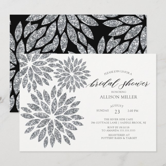 Shimmering Silver Dahlias Bridal Shower Invitation (Front/Back)