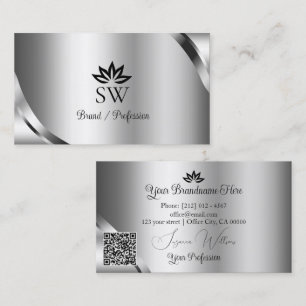 Shimmering Silver Details with Monogram QR Code Business Card