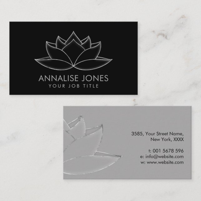 Shimmering Silver Lotus Flower Line art Business Card (Front/Back)