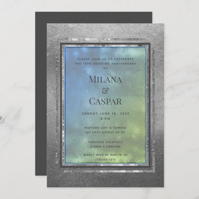 Shimmering Silver Water Opal Anniversary Party Invitation (Front/Back)