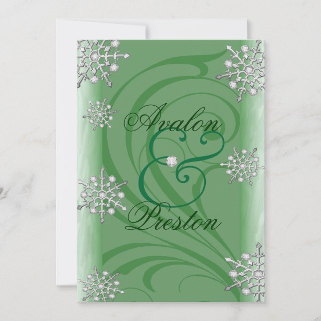 Shimmering Snowflake Green Winter Wedding Invitation (Front)