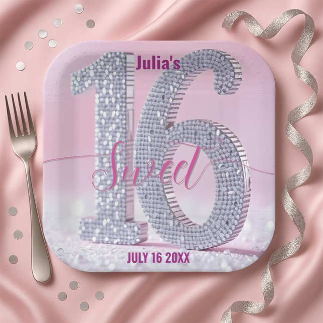 Shimmering Stylish Chic Rhinestone Sweet Sixteen Paper Plate (Creator Uploaded)