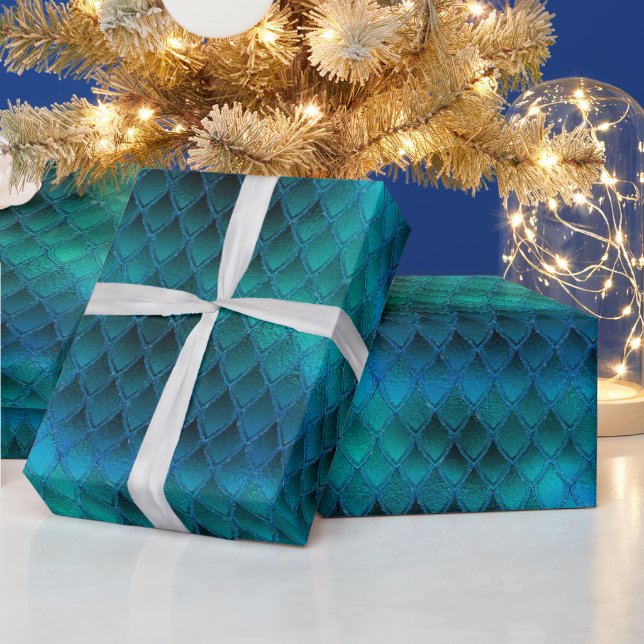 Shimmering Teal & Glitter Dragon Scales Wrapping Paper (Holidays)
