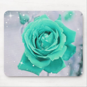 Shimmering Teal Rose Flower Mouse Mat