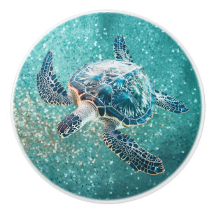 Shimmering Turquoise Sea Turtle   Coastal Ceramic Knob