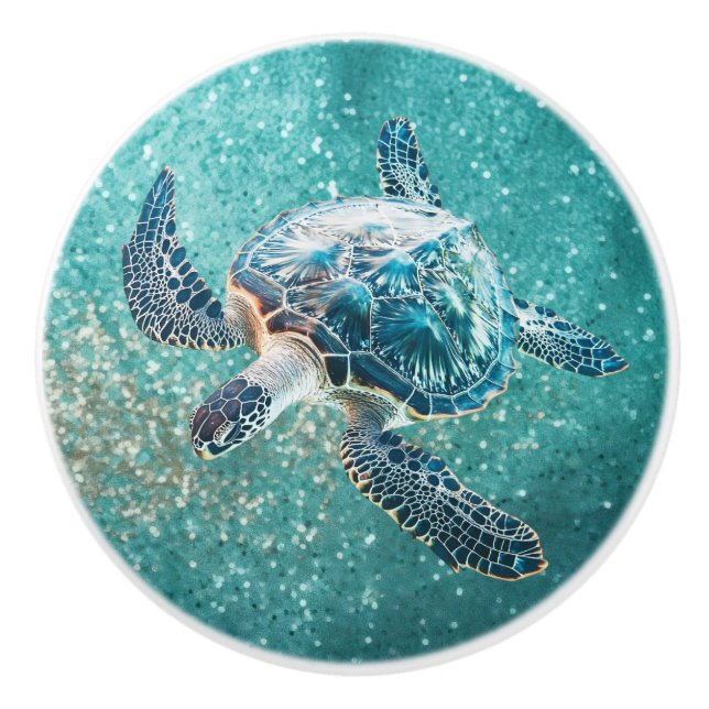 Shimmering Turquoise Sea Turtle | Coastal Ceramic Knob (Front)
