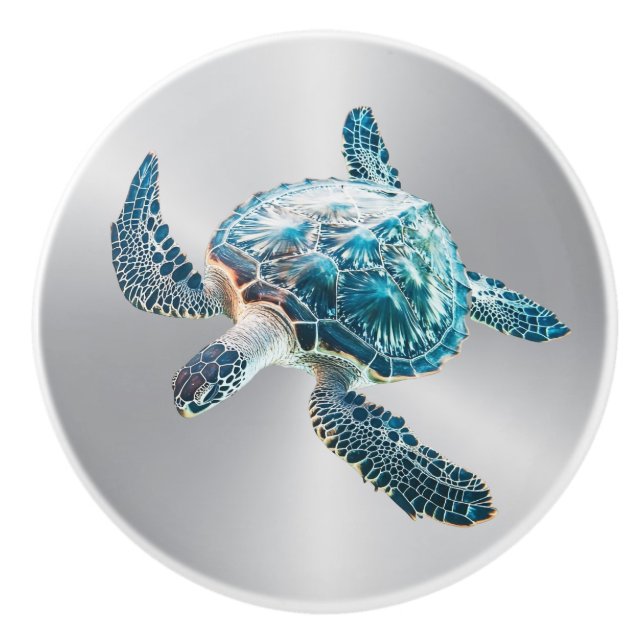 Shimmering Turquoise Sea Turtle | Coastal Ceramic Knob (Front)