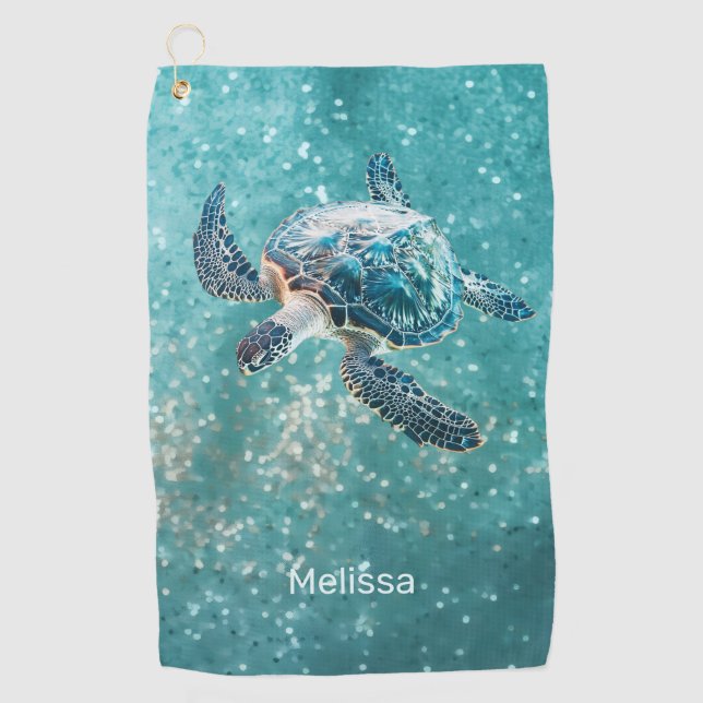 Shimmering Turquoise Sea Turtle | Coastal Golf Towel (Front)