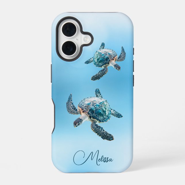 Shimmering Turquoise Sea Turtle | Coastal iPhone 16 Case (Back)