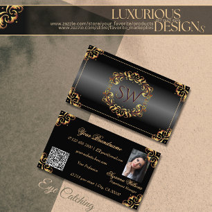 Shimmery Black Gold Decor Monogram Photo QR Code Business Card